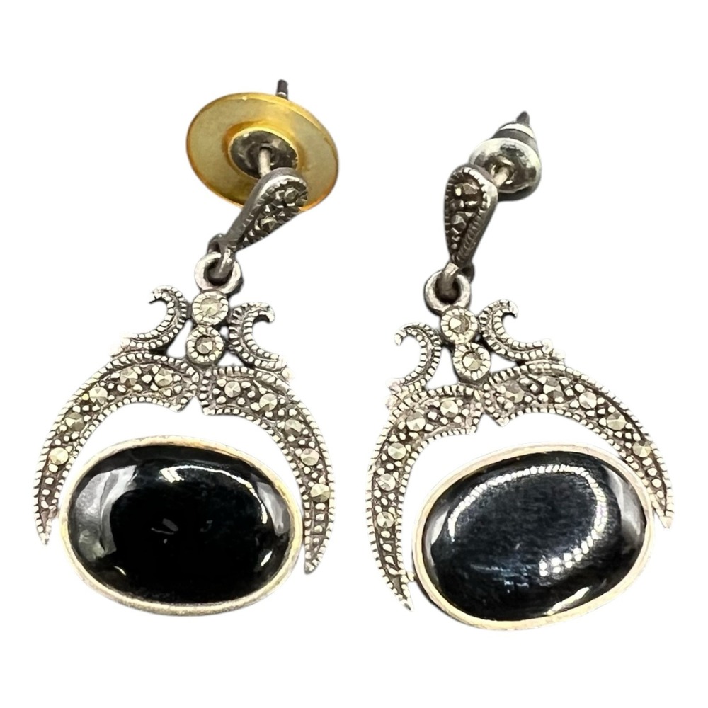 925 Sterling Silver Marcasite Reversible Black Onyx Mother of Pearl Earrings - Picture 2 of 8